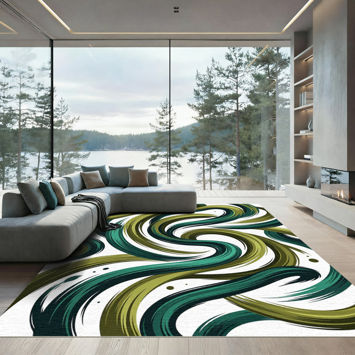 Abstract Swirl Brushstroke Green Rug