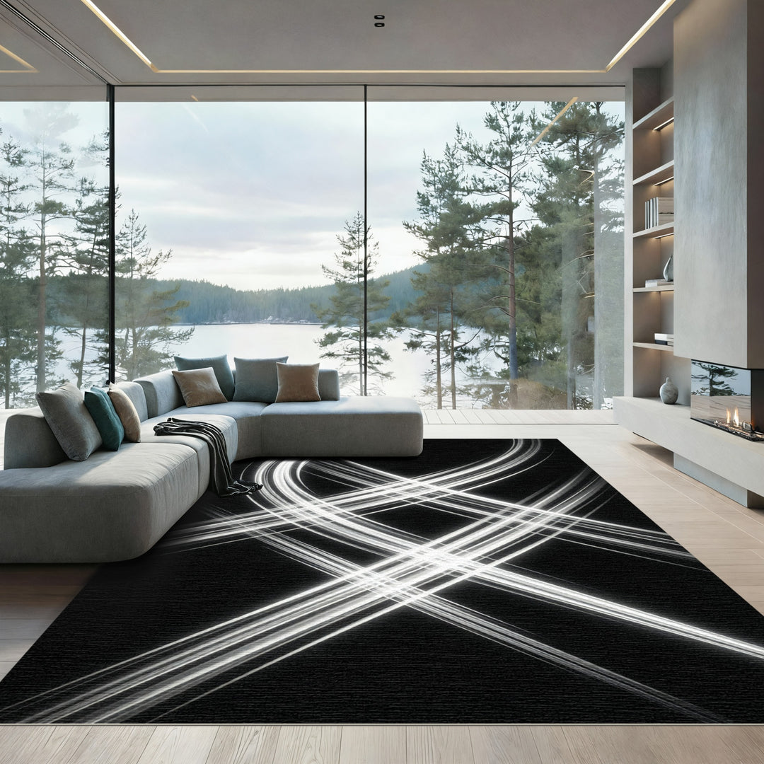 Monochrome Swirl Light Trails Rug