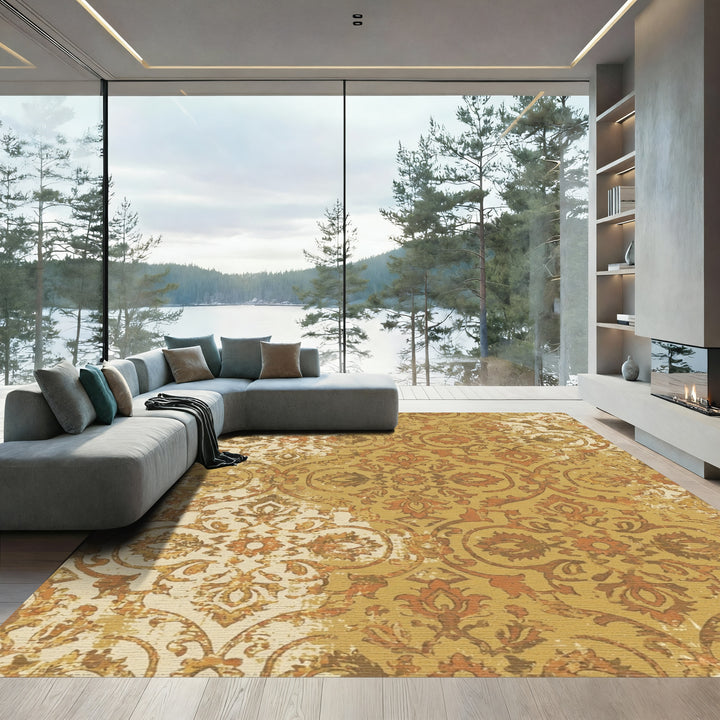 Golden Amber Distressed Floral Damask Rug