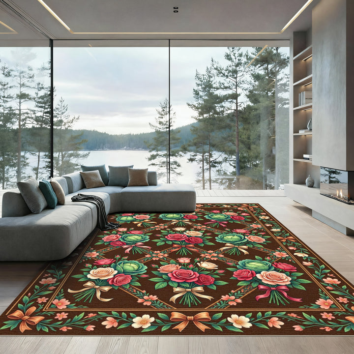 Brown Vintage Floral Cabbage Rose Medallion Rug