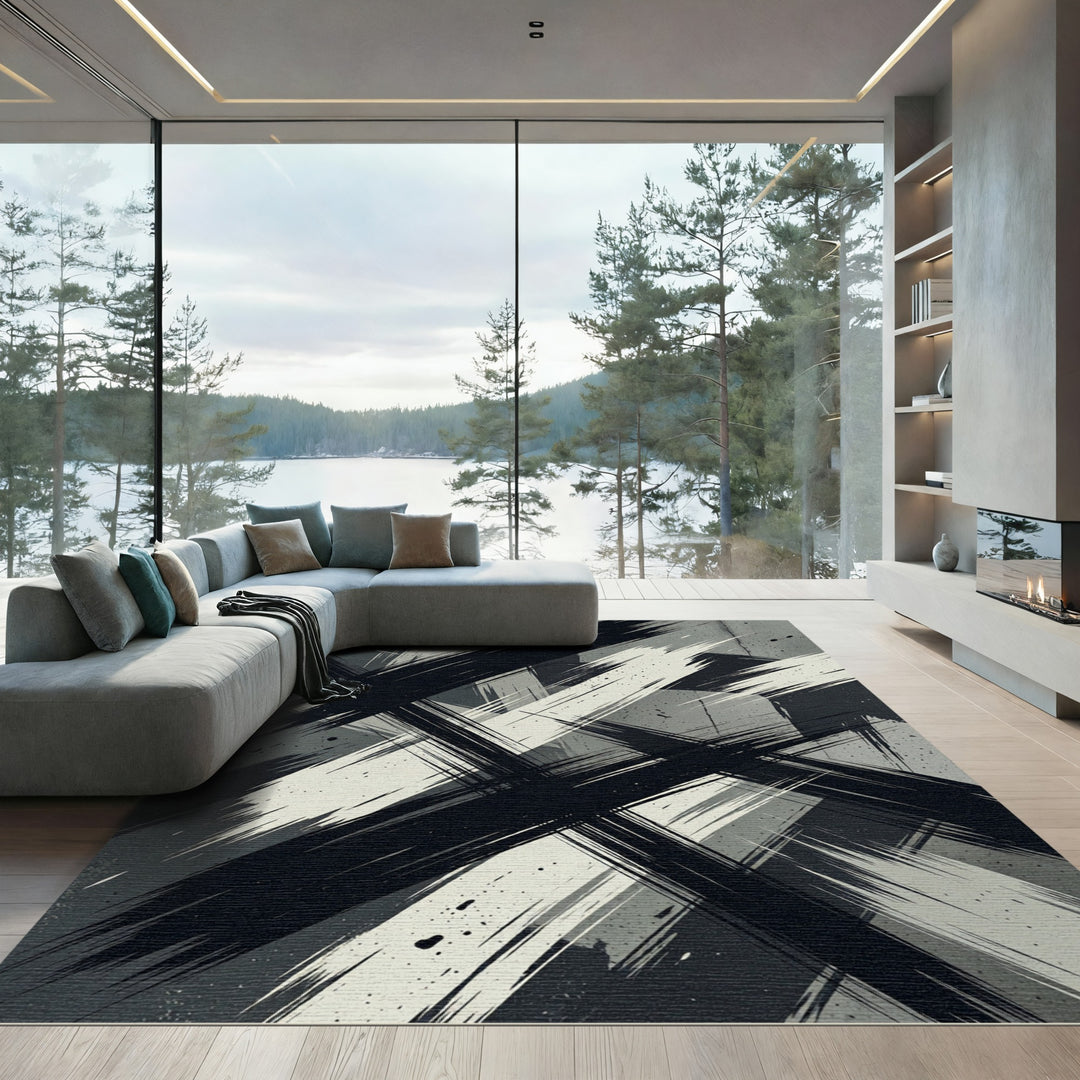 Bold Black White Abstract Brush Strokes Rug