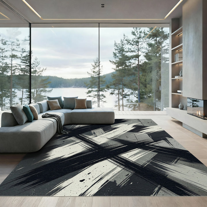 Bold Black White Abstract Brush Strokes Rug