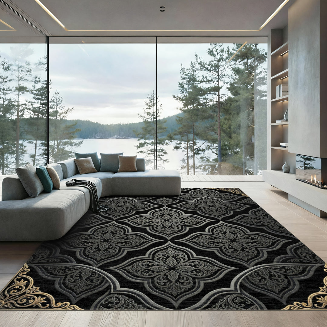 Ornate Black Gray Quatrefoil Relief Rug