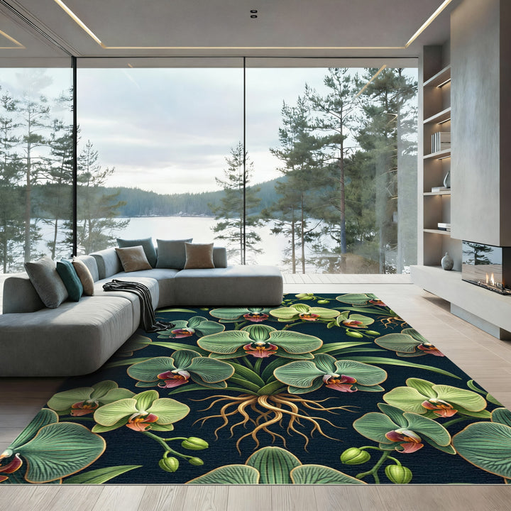 Green Orchid Bloom Botanical Tapestry Rug