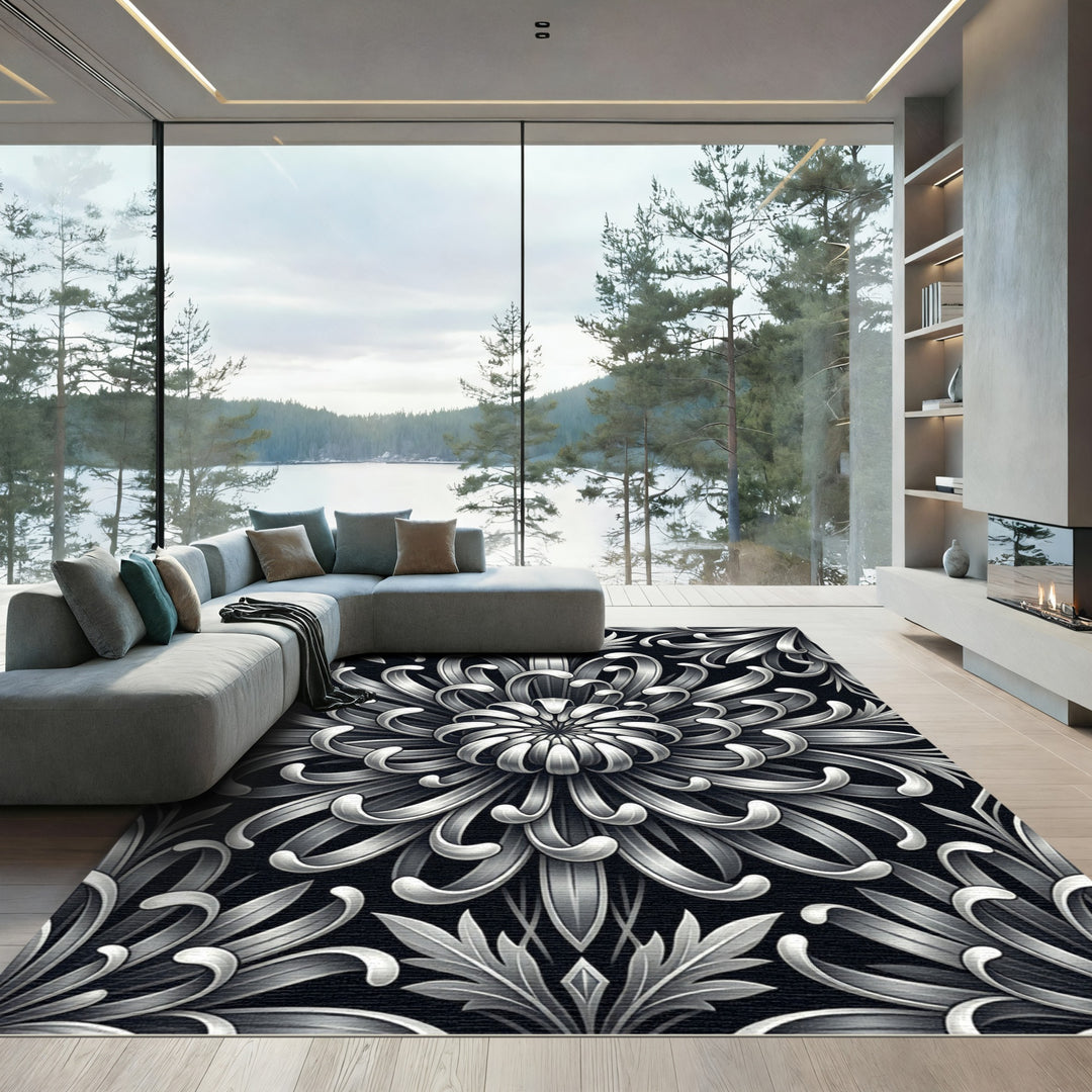 Art Deco Silver Floral Chrysanthemum Rug