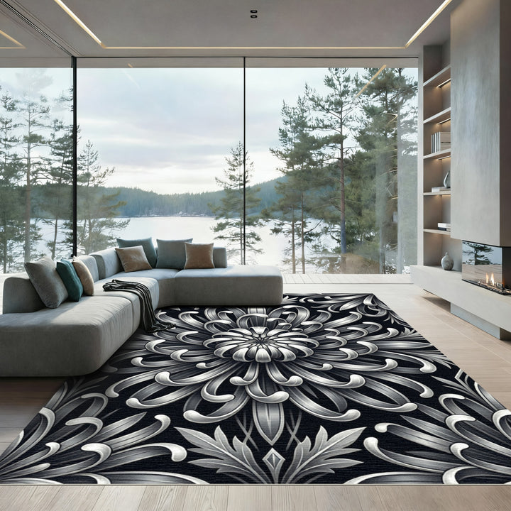 Art Deco Silver Floral Chrysanthemum Rug