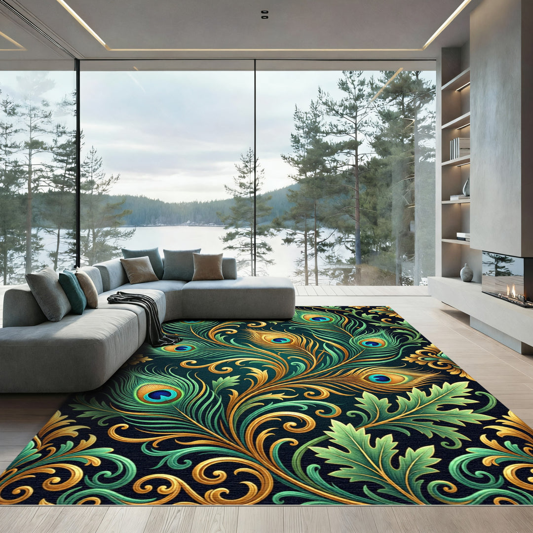 Elegant Gold Teal Peacock Feathers Rug
