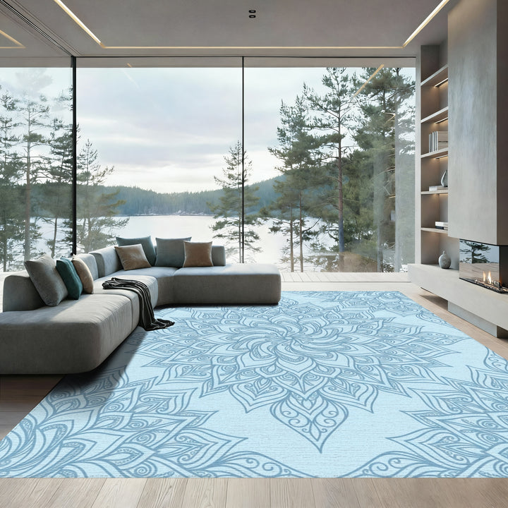 Light Blue Intricate Floral Mandala Rug