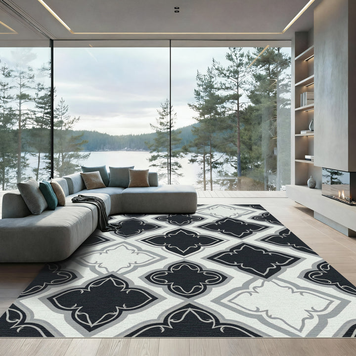 Victorian Quatrefoil Black Gray Rug