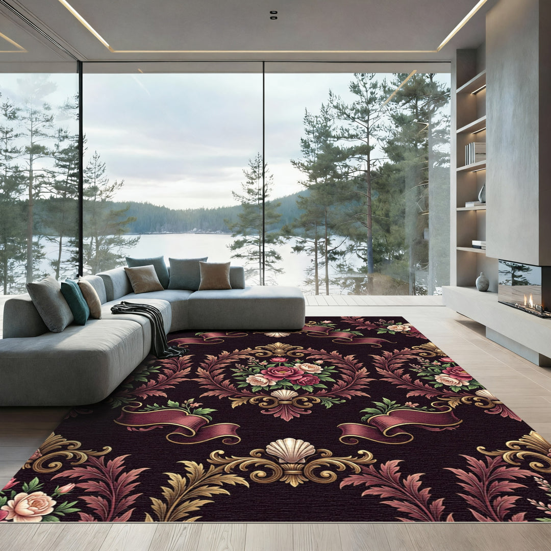 Ornate Rouge Floral Scrollwork Rug
