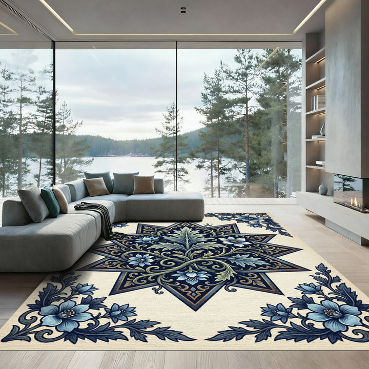 Deep Blue Floral Starburst Arrangement Rug