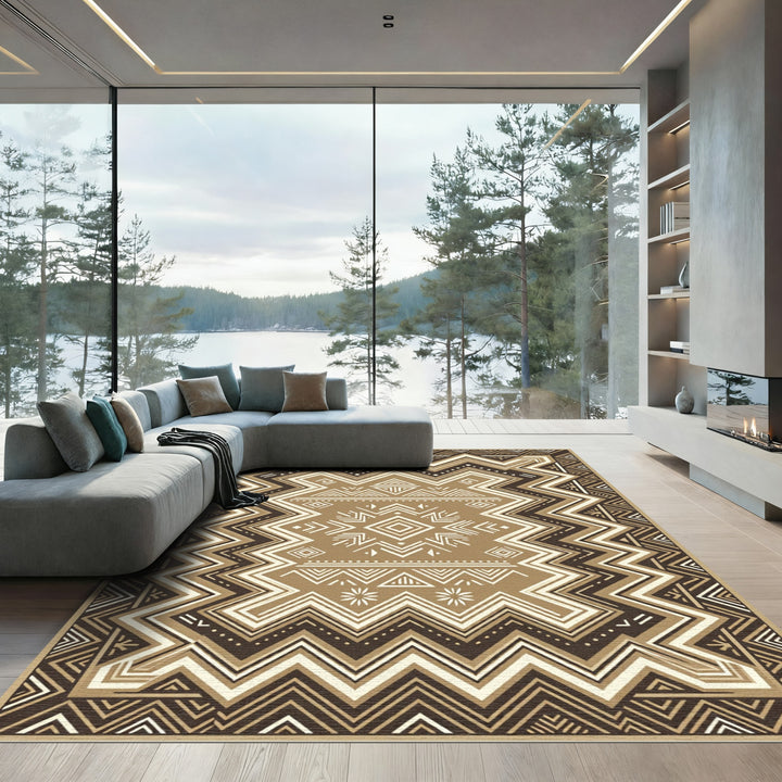 Geometric Zigzag Tribal Brown Rug