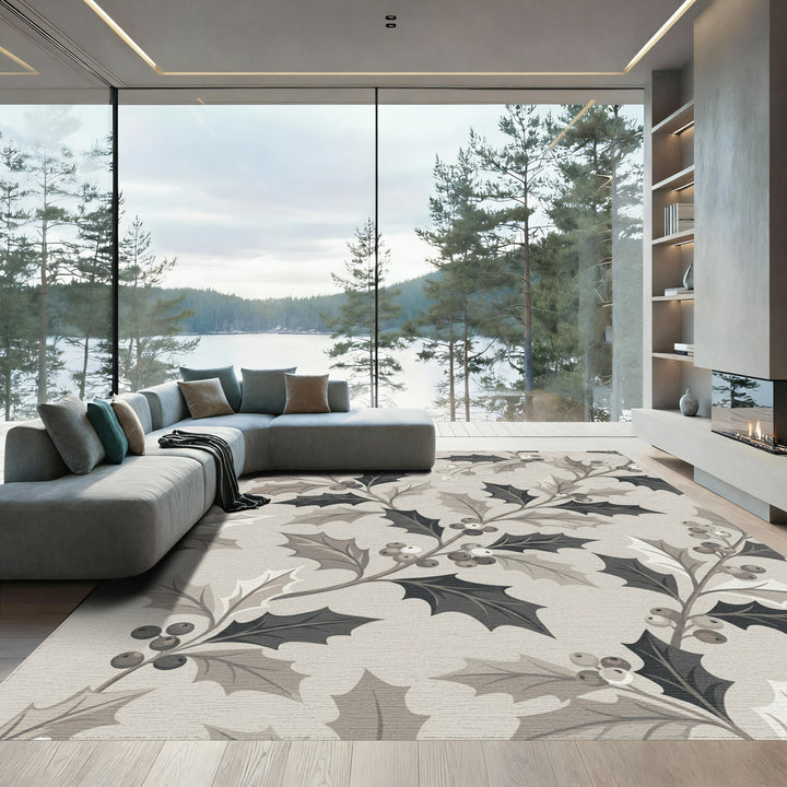 Monochromatic Holly Berry Branches Rug