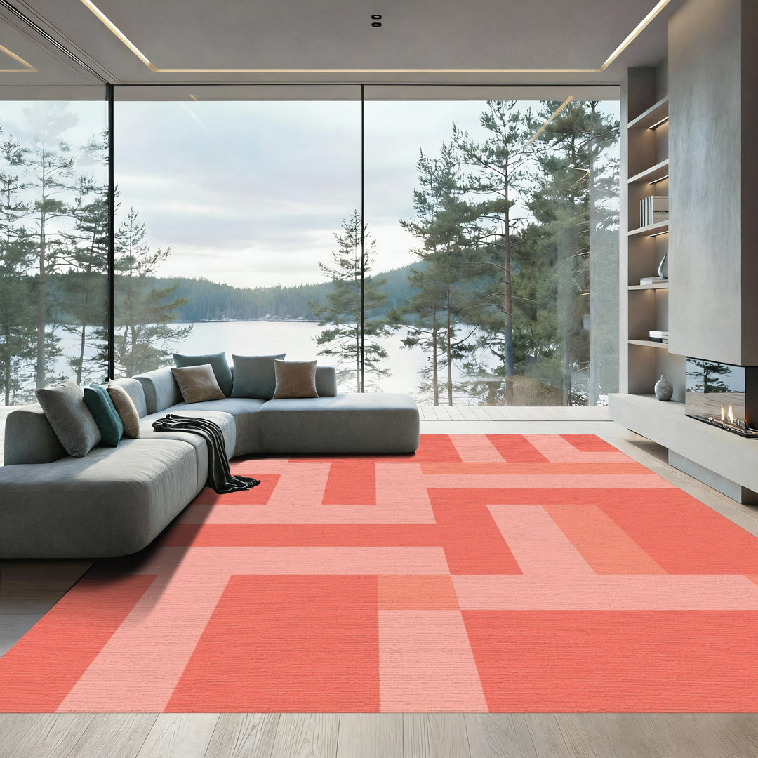 Coral Pink Geometric Interlocking Blocks Rug