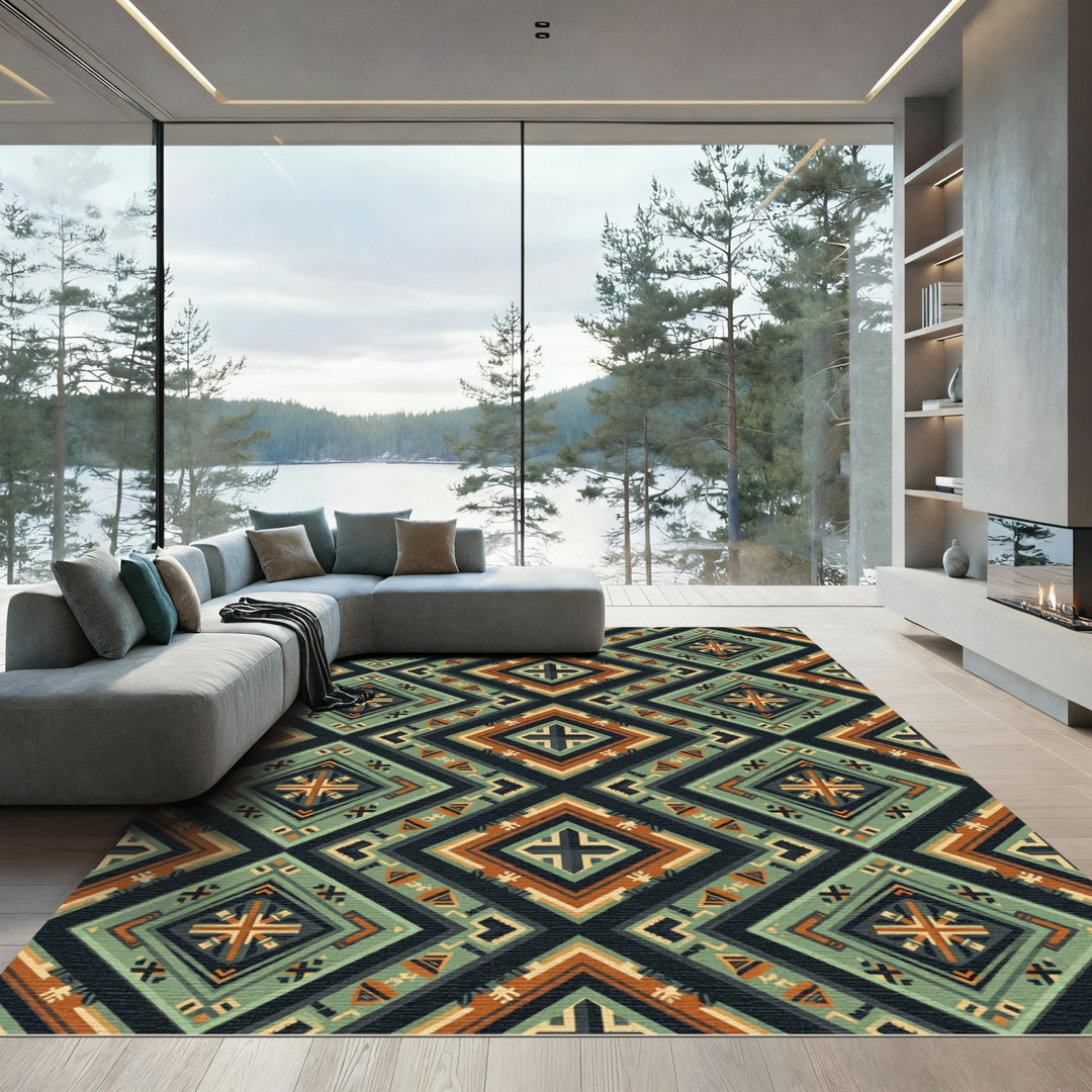 Geometric Diamond Sage Orange Composition Rug