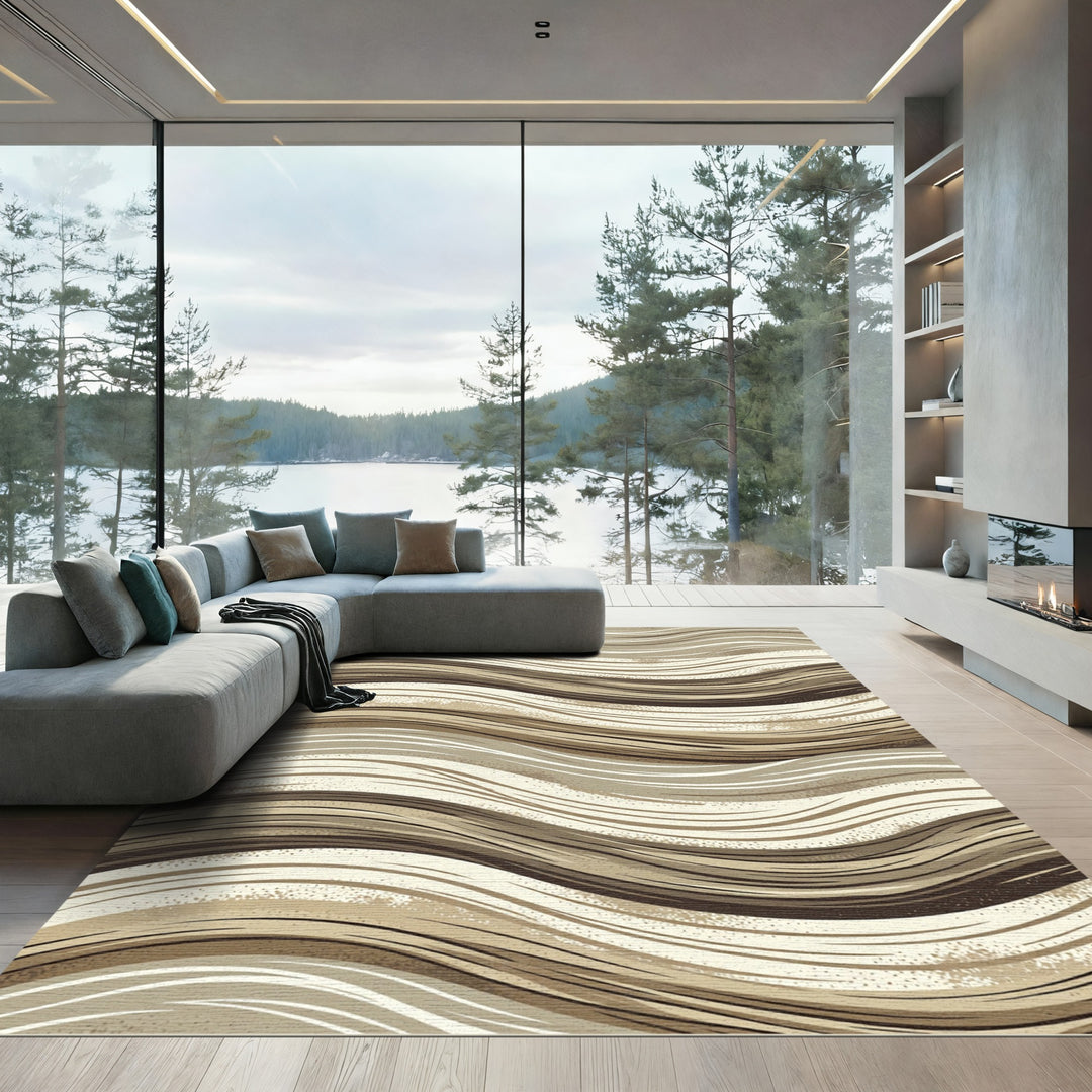 Wavy Brown Beige Neutral Lines Rug