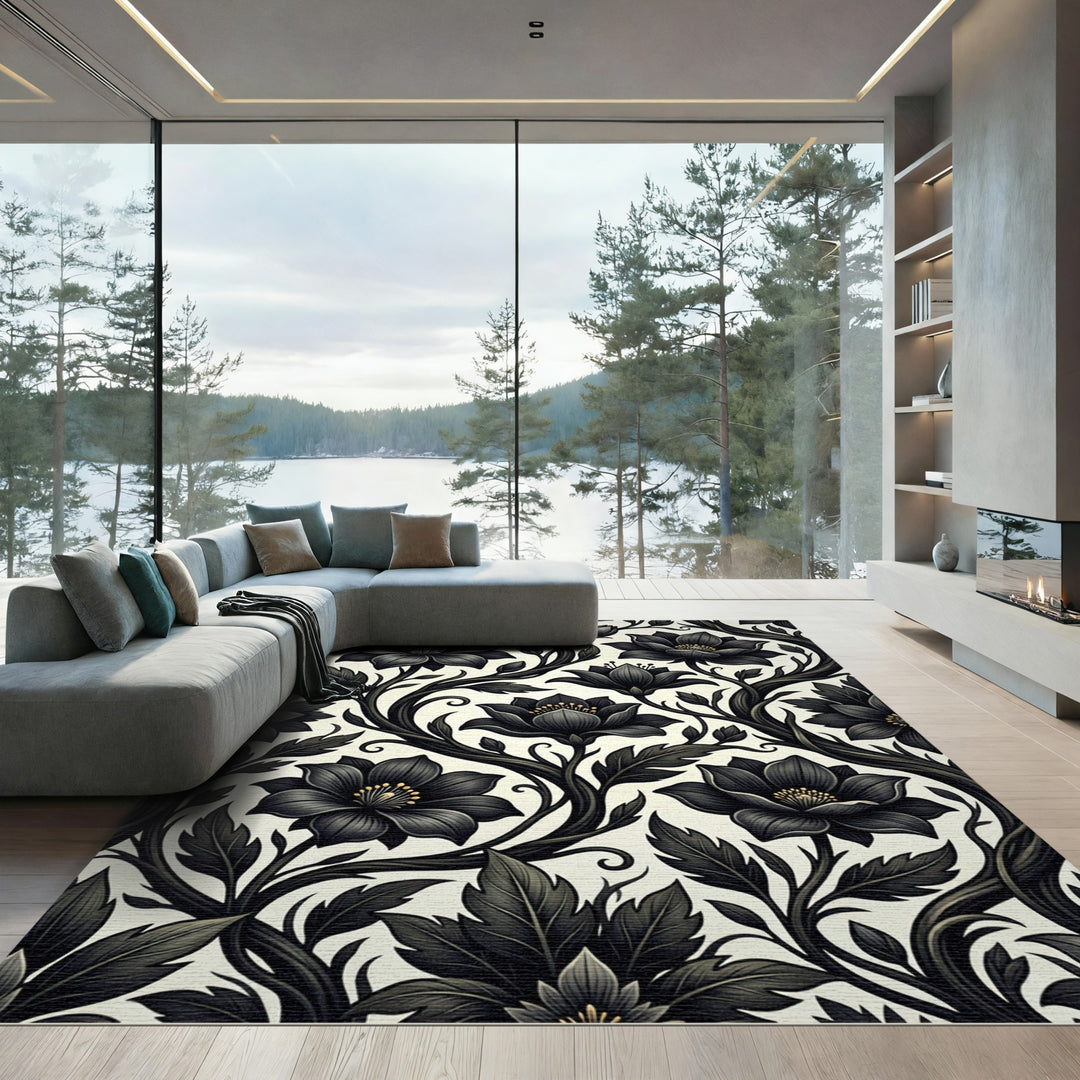 Dark Floral Vine Botanical Area Rug