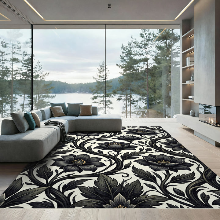 Dark Floral Vine Botanical Area Rug