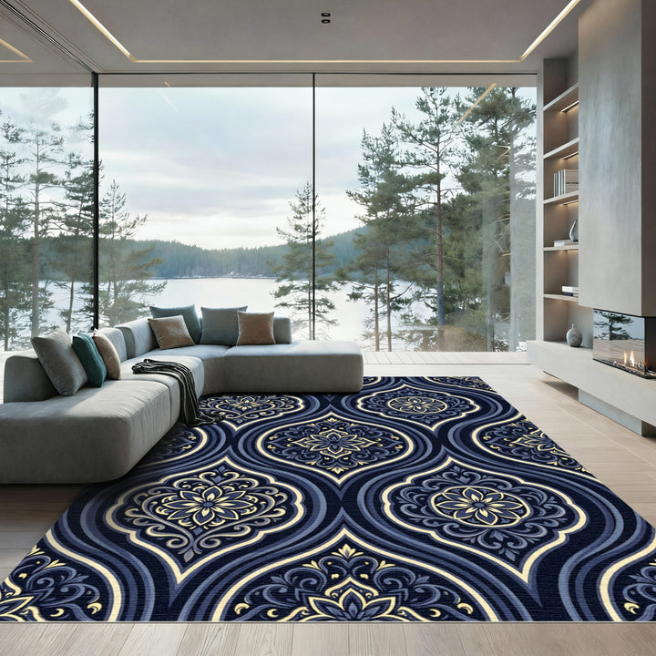 Deep Blue Golden Floral Damask Rug