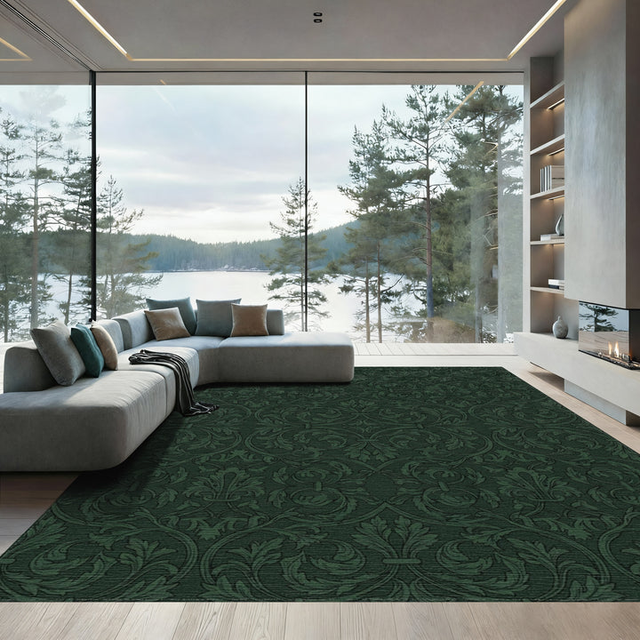 Rich Forest Green Damask Scroll Rug