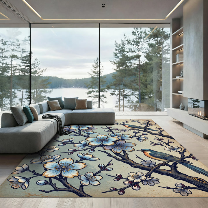 Blue Blossom Bird Branch Composition Rug