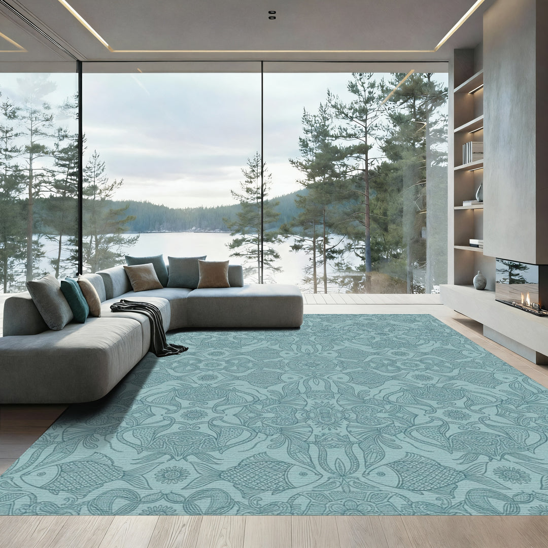Aqua Blue Ornamental Fish Scroll Rug