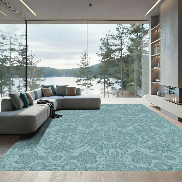 Aqua Blue Ornamental Fish Scroll Rug