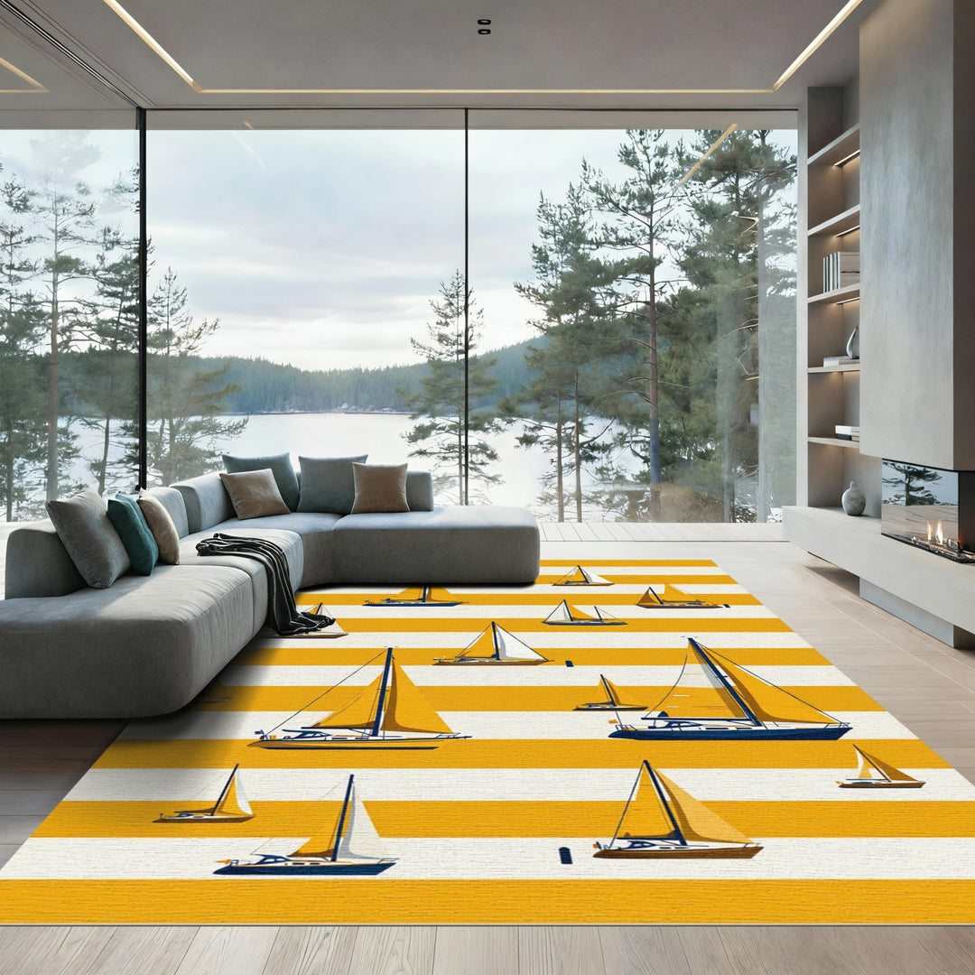Nautical Yellow Stripes Sailboats Rug