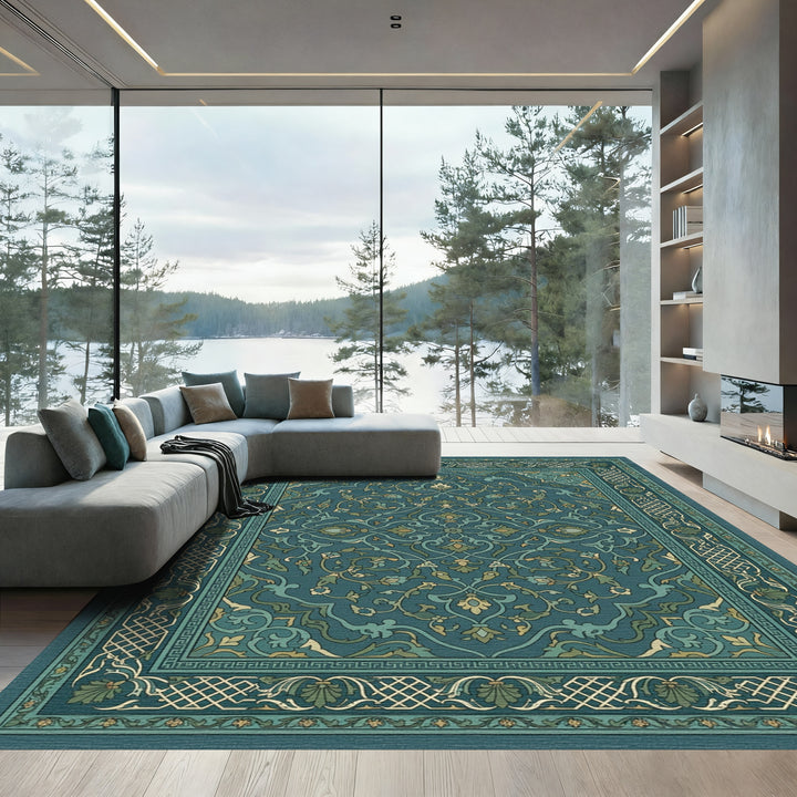 Teal Floral Medallion Traditional Border Rug