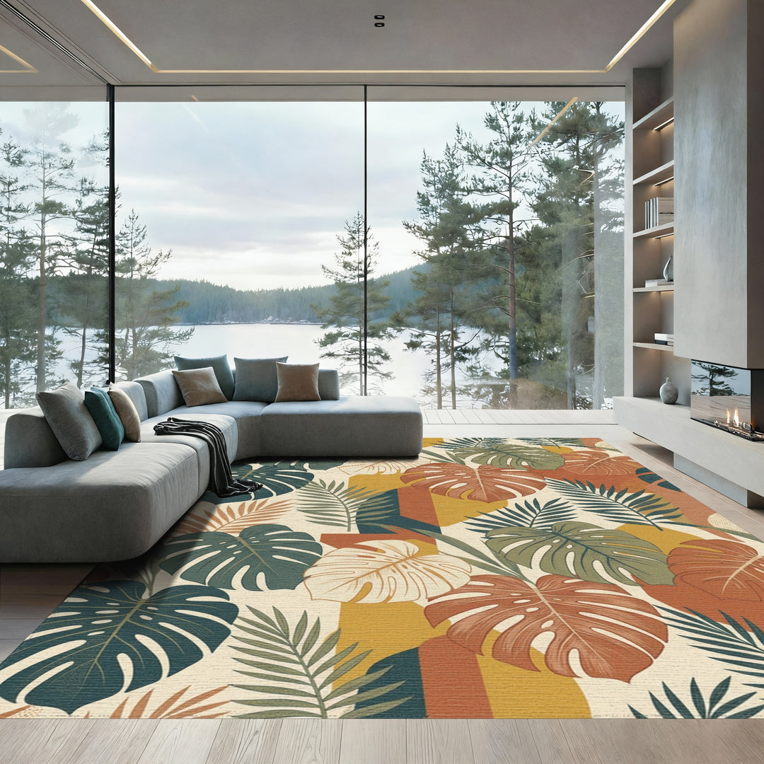 Earthy Terracotta Tropical Monstera Leaves Rug