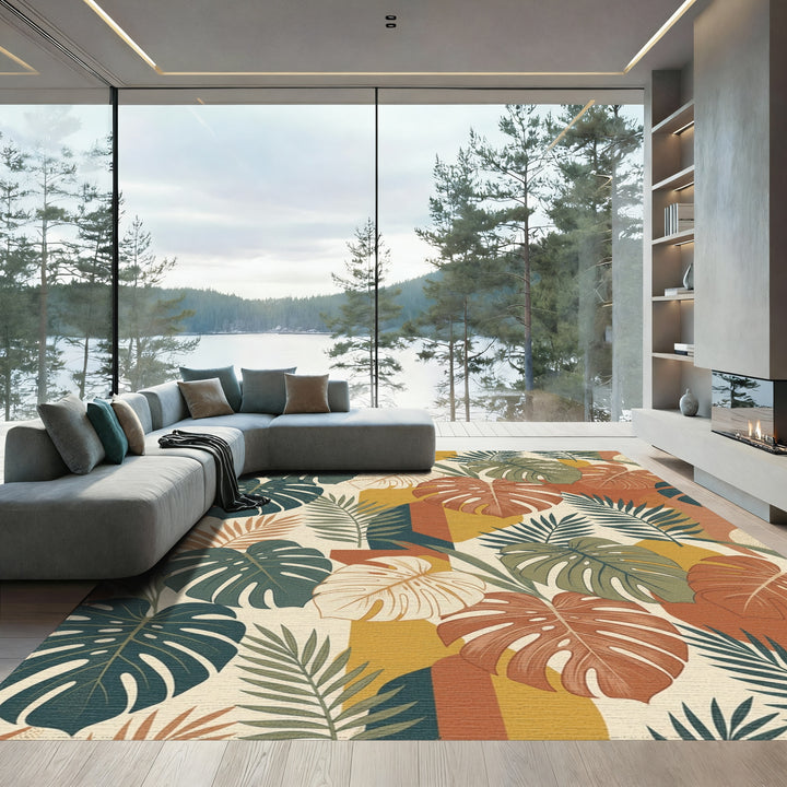 Earthy Terracotta Tropical Monstera Leaves Rug