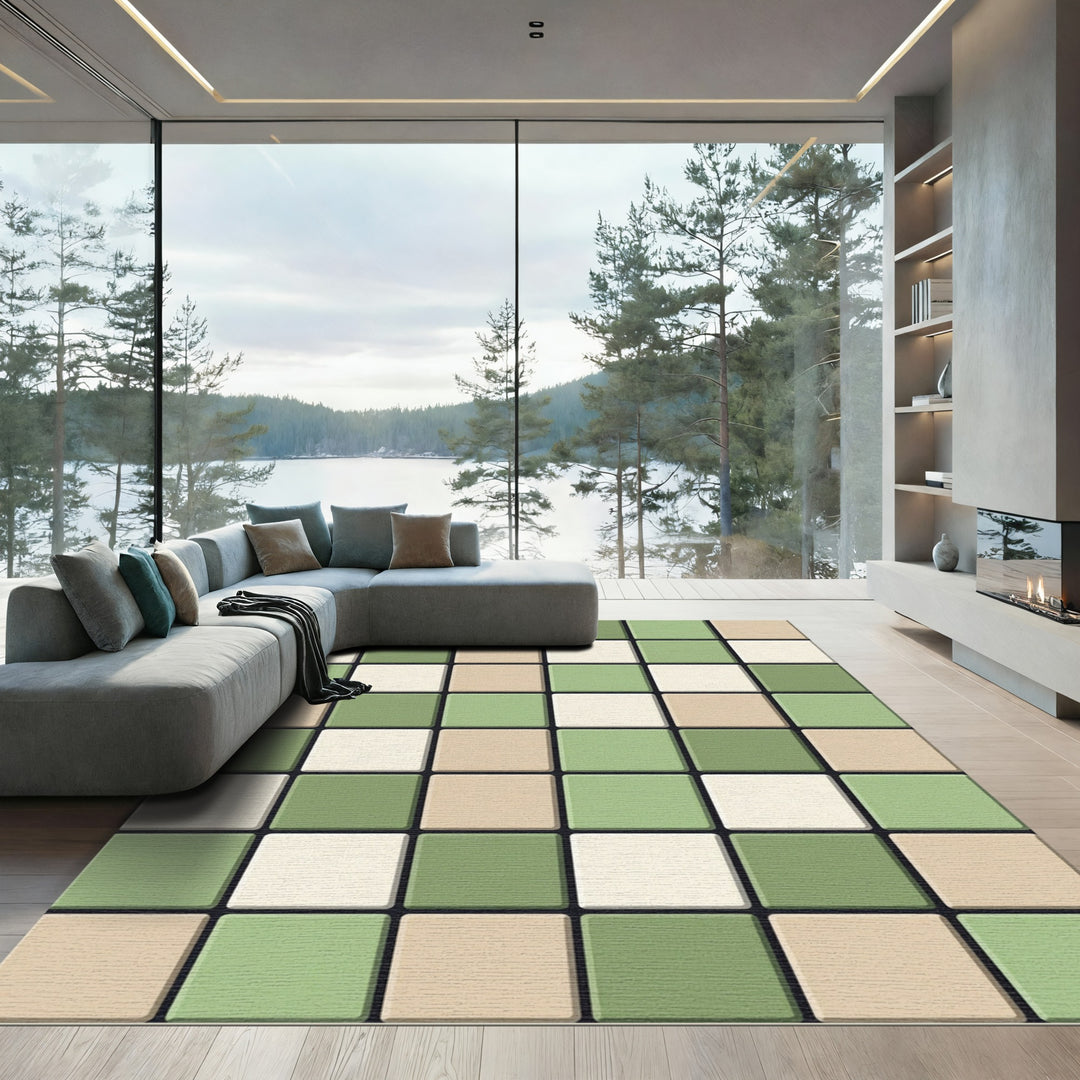 Modern Green Beige Checkerboard Rug
