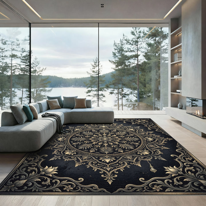 Luxurious Golden Botanical Mandala Rug