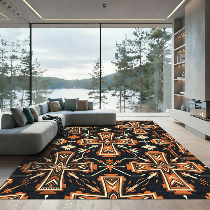 Geometric Cross Orange Tribal Rug