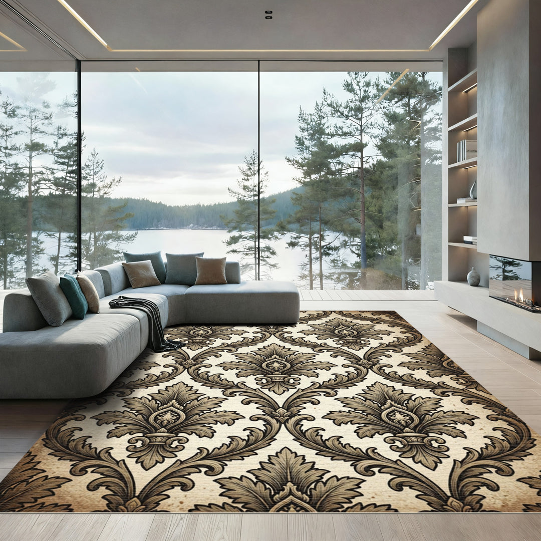 Ornate Sepia Damask Flourish Rug
