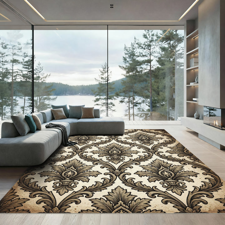 Ornate Sepia Damask Flourish Rug