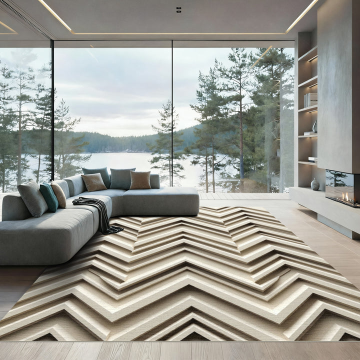 Textured Beige Chevron Dimensional Rug