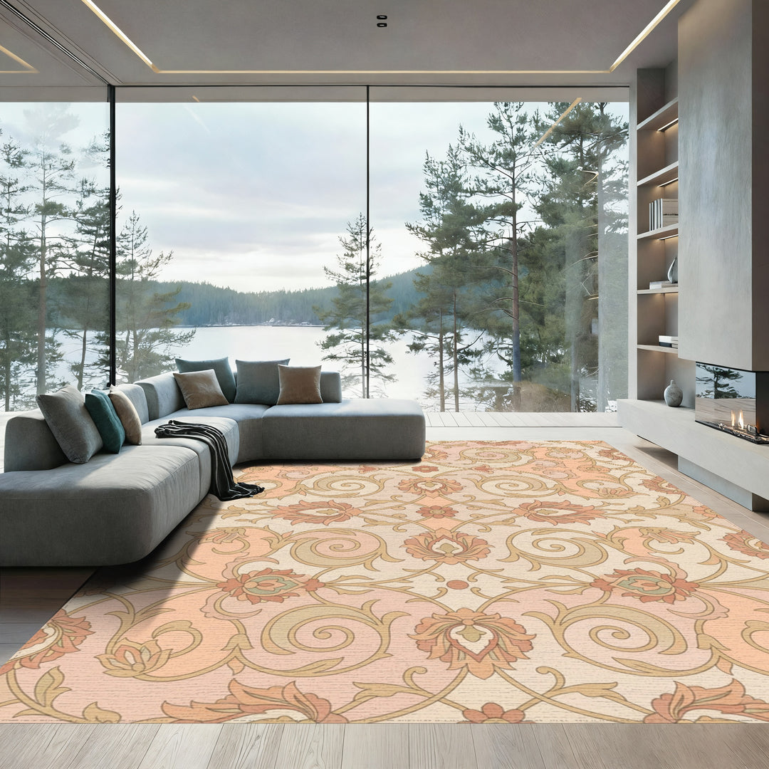 Peach And Cream Floral Scrollwork Rug