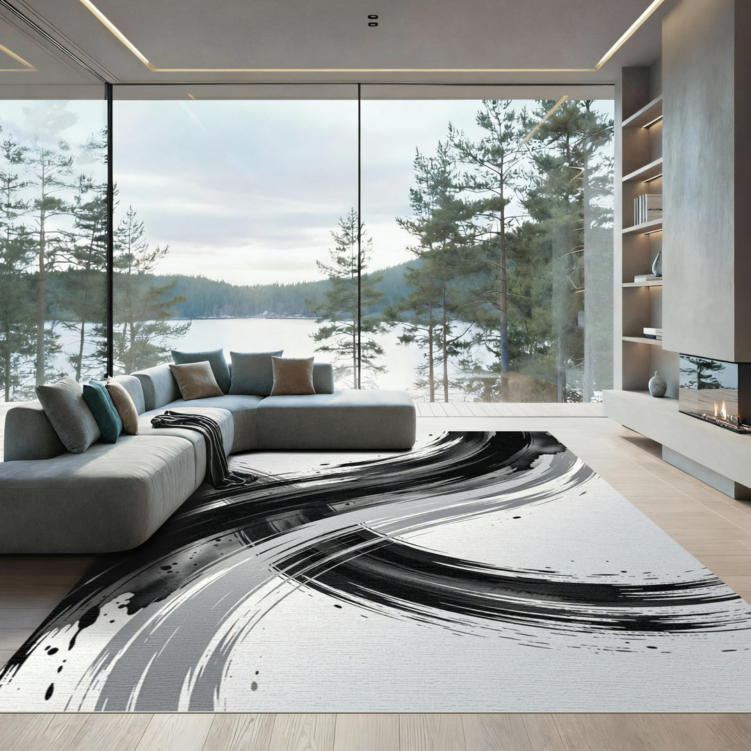 Bold Black White Abstract Brushstroke Rug