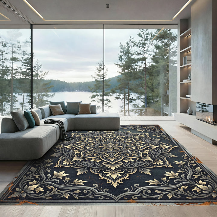Ornate Golden Mandala Floral Rug