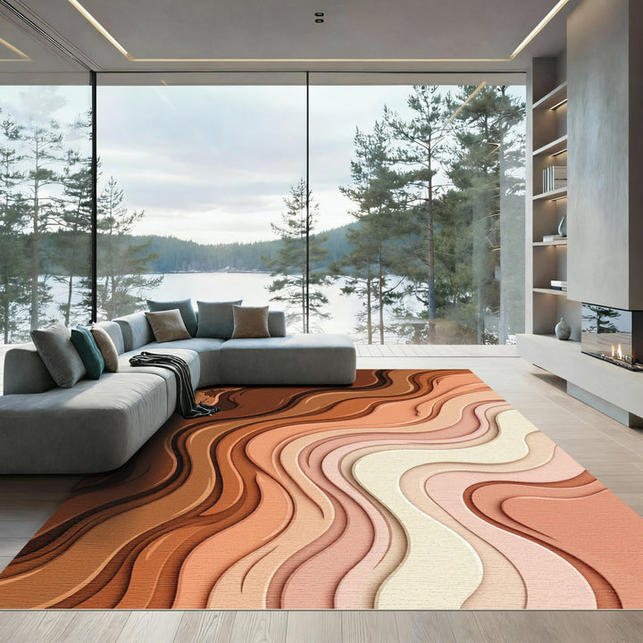 Earthy Tones Layered Wave Abstract Rug