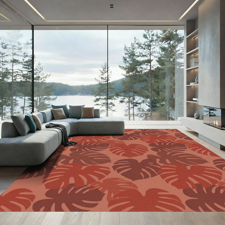 Terracotta Tropical Monstera Leaves Rug