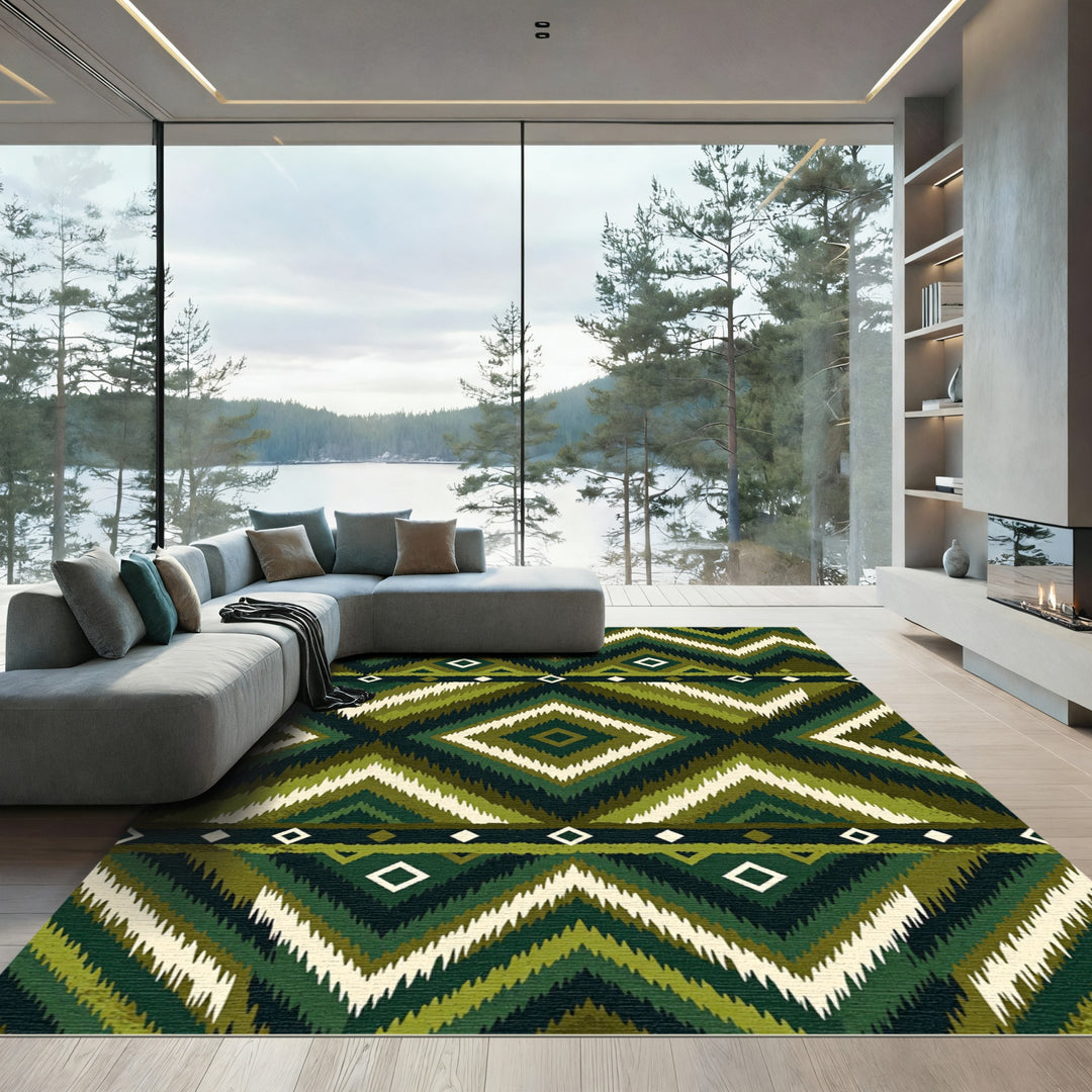 Green Zigzag Diamond Tribal Rug