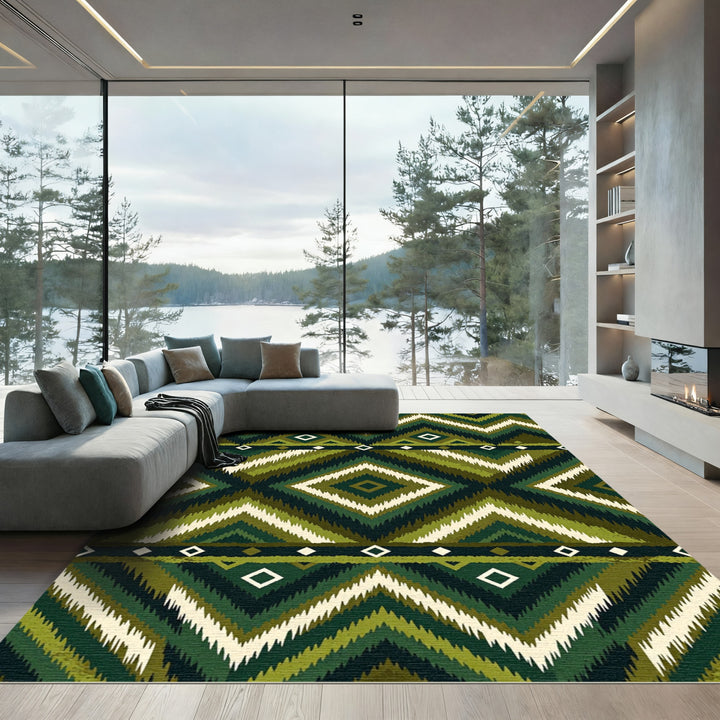 Green Zigzag Diamond Tribal Rug