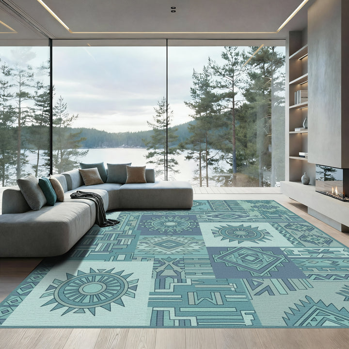 Teal Patchwork Geometric Medallion Rug