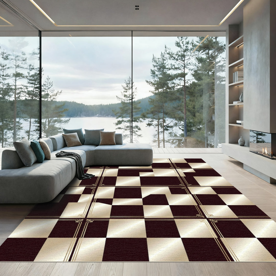 Dark Red Gold Geometric Squares Rug