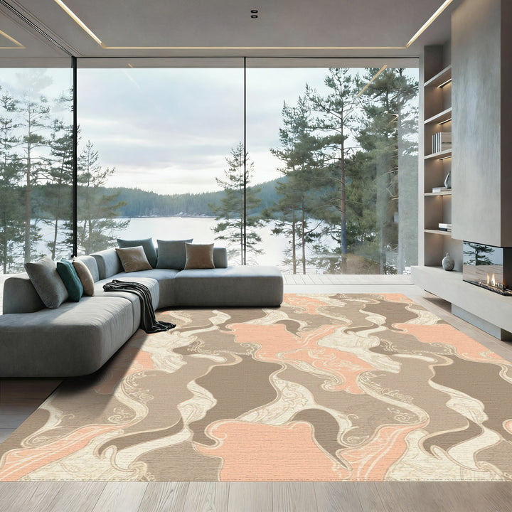 Peach Tan Abstract Organic Swirls Rug