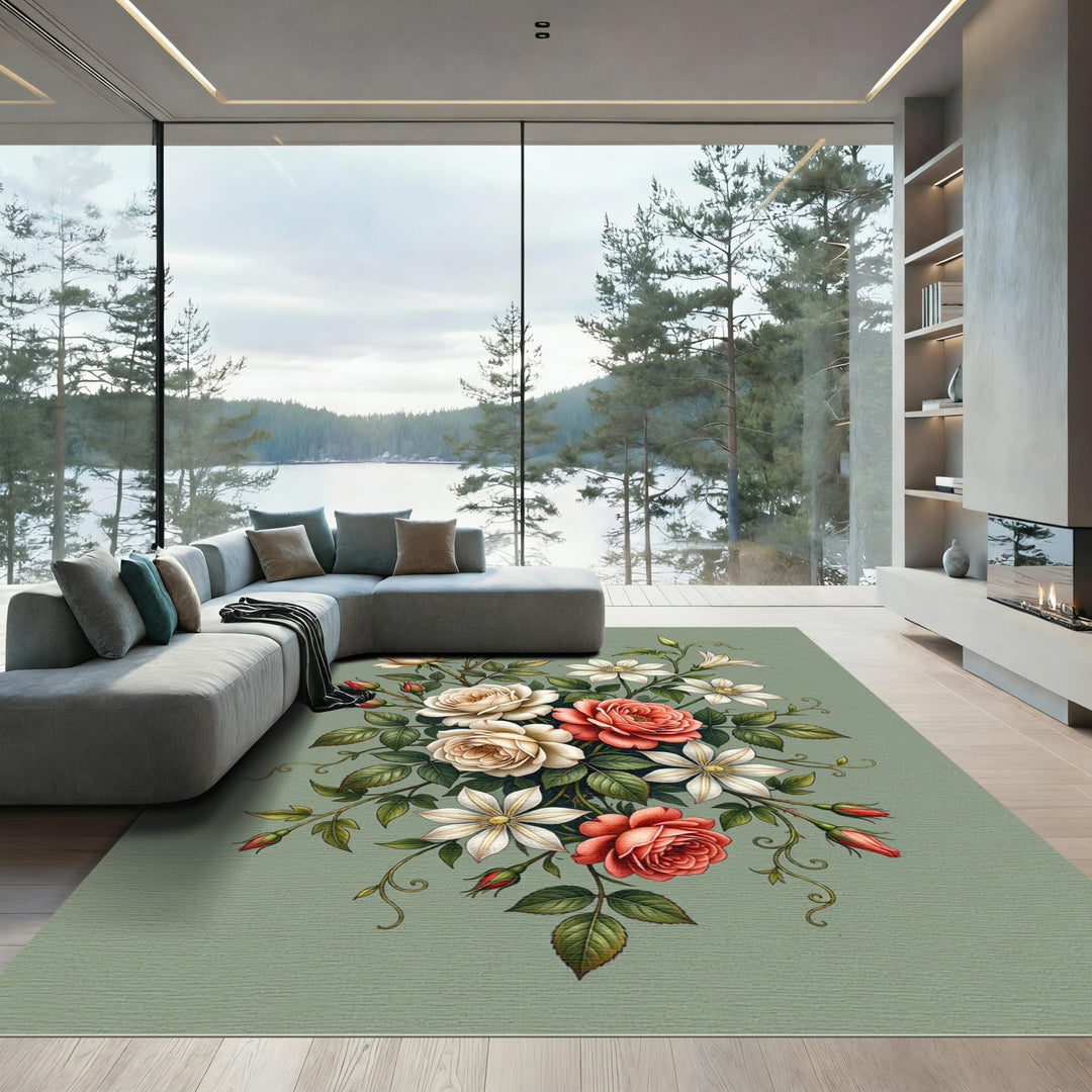 Coral And Cream Floral Sprig Rug