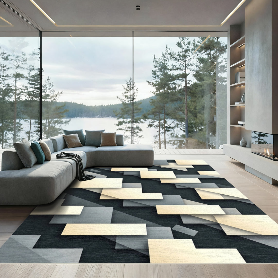 Modern Ivory Gray Geometric Overlap Rug