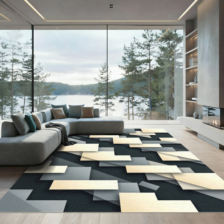 Modern Ivory Gray Geometric Overlap Rug